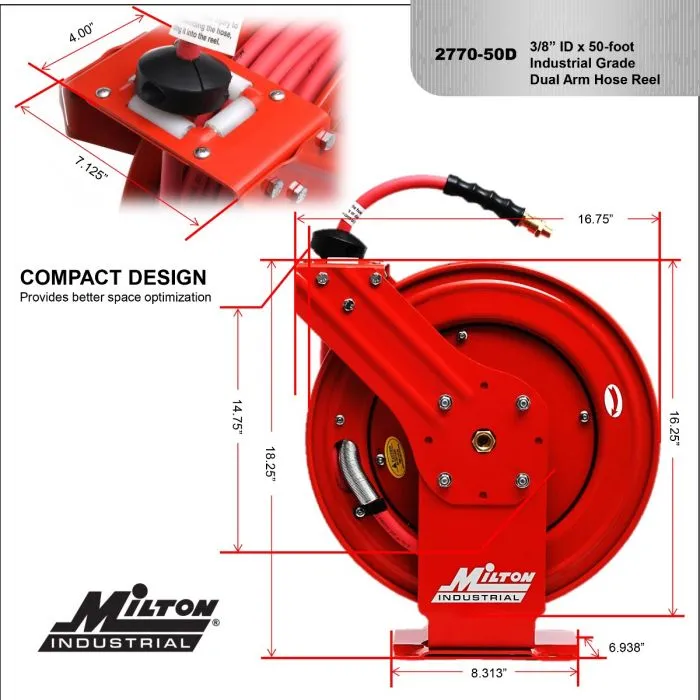 2770-50D - Milton® Industrial Auto-Retracting Hose Reel 3/8" NPT, 50' Hybrid Rubber Hose, 300 PSI