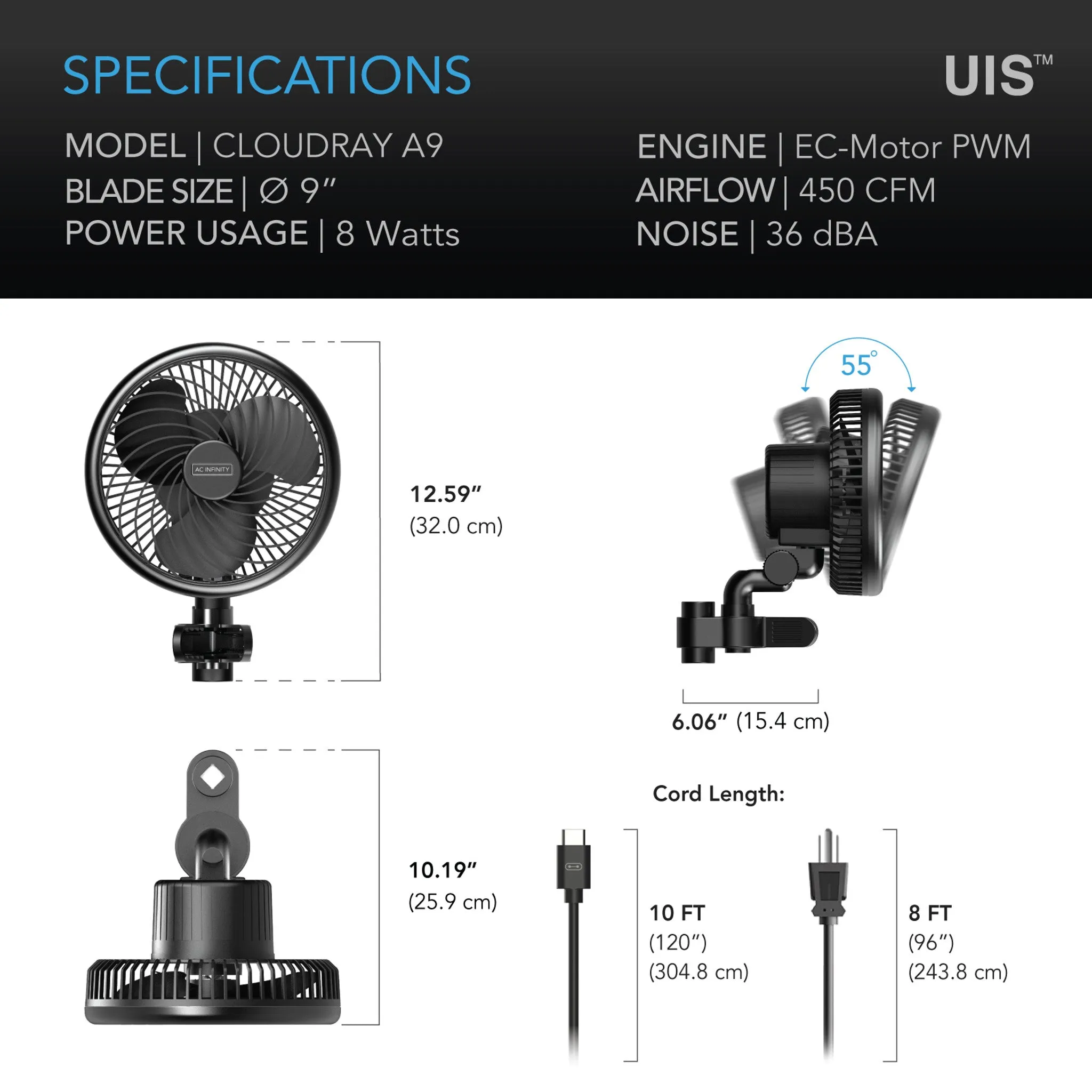 AC Infinity Cloudray A9 EC *MANUAL* Clip Fan (AC-CCA9)