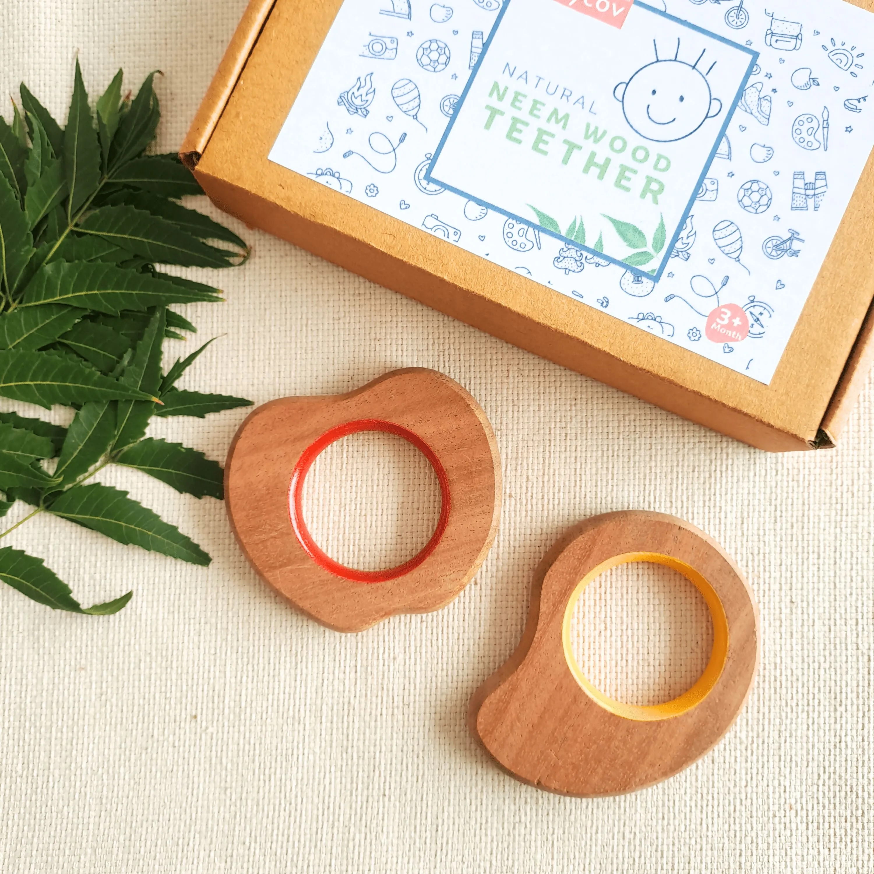 BABYCOV Cute Apple and Mango Natural Neem Wood Teethers for Babies | Natural and Safe | Goodness of Organic Neem Wood | Both Chewing and Grasping Toy | Set of 2 (Age 4  Months)