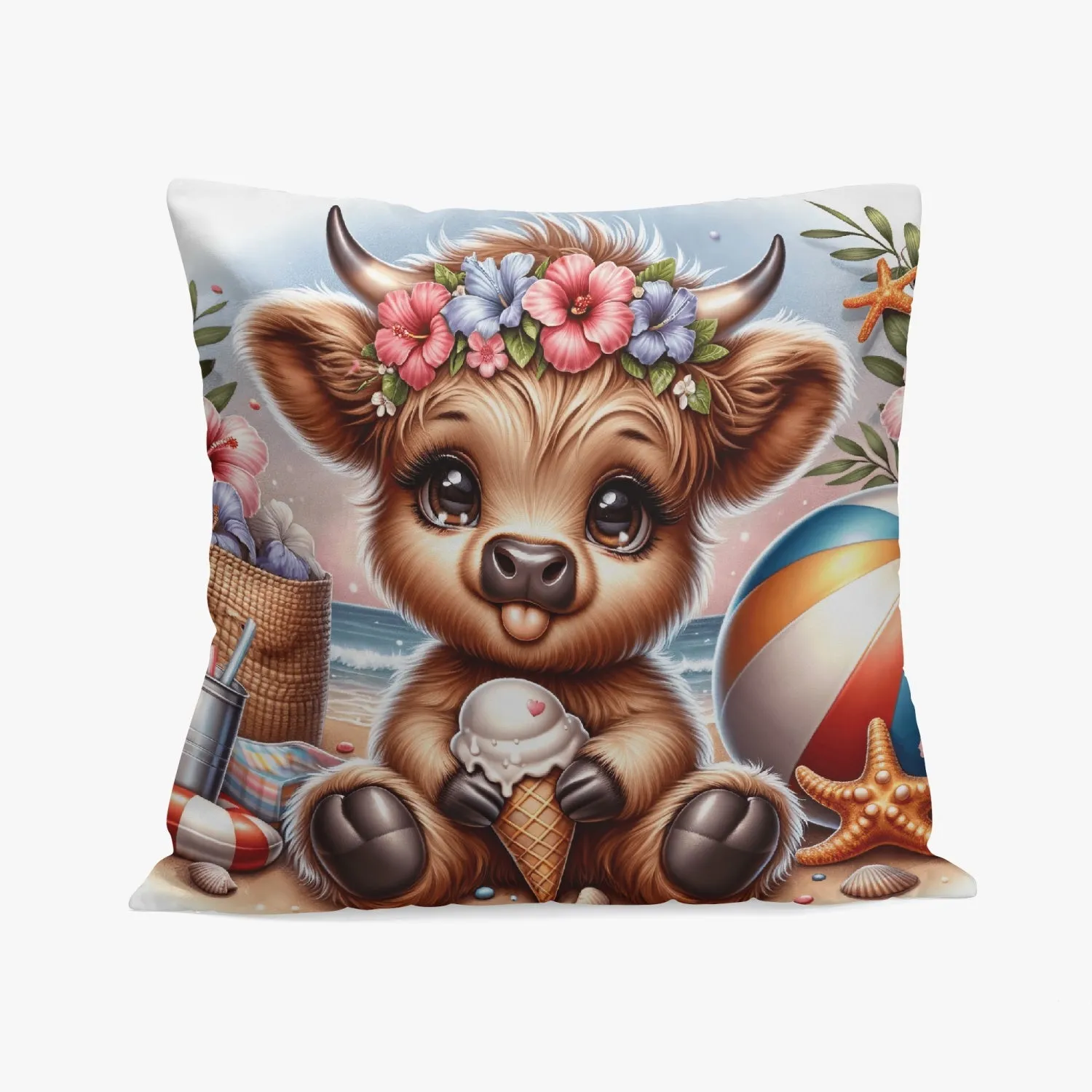 Beachside Highland Cow Fun Pillow Cover