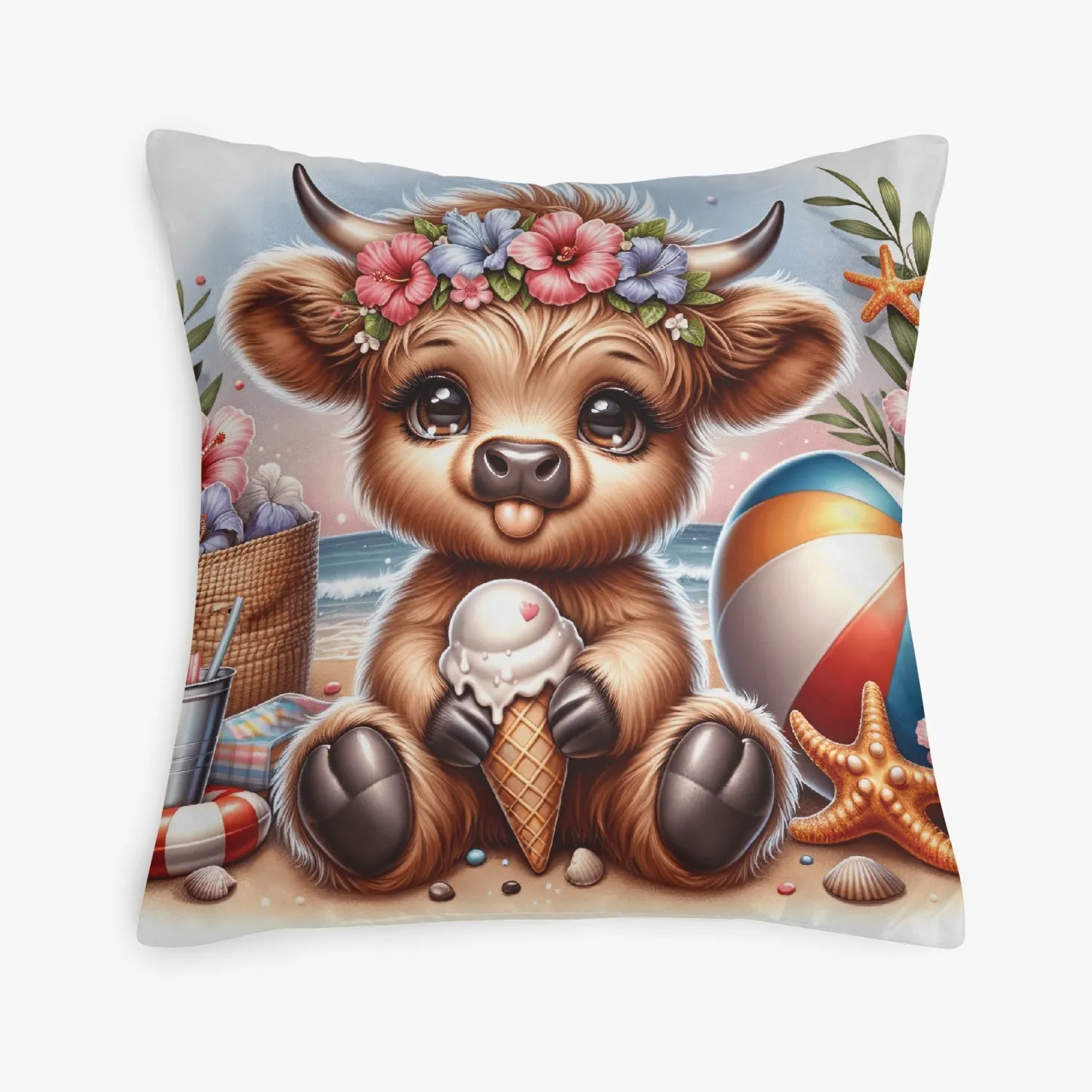 Beachside Highland Cow Fun Pillow Cover