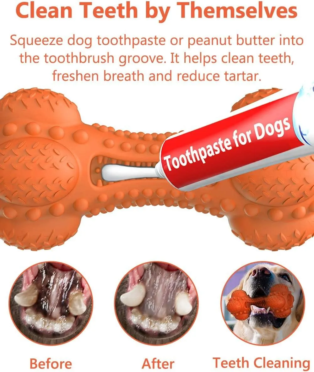 Dog Chew Toy for Aggressive Chewers, Tough Indestructible Natural Rubber Squeaky Dog Toys with Toothbrush for Large Medium Breed Dental Care