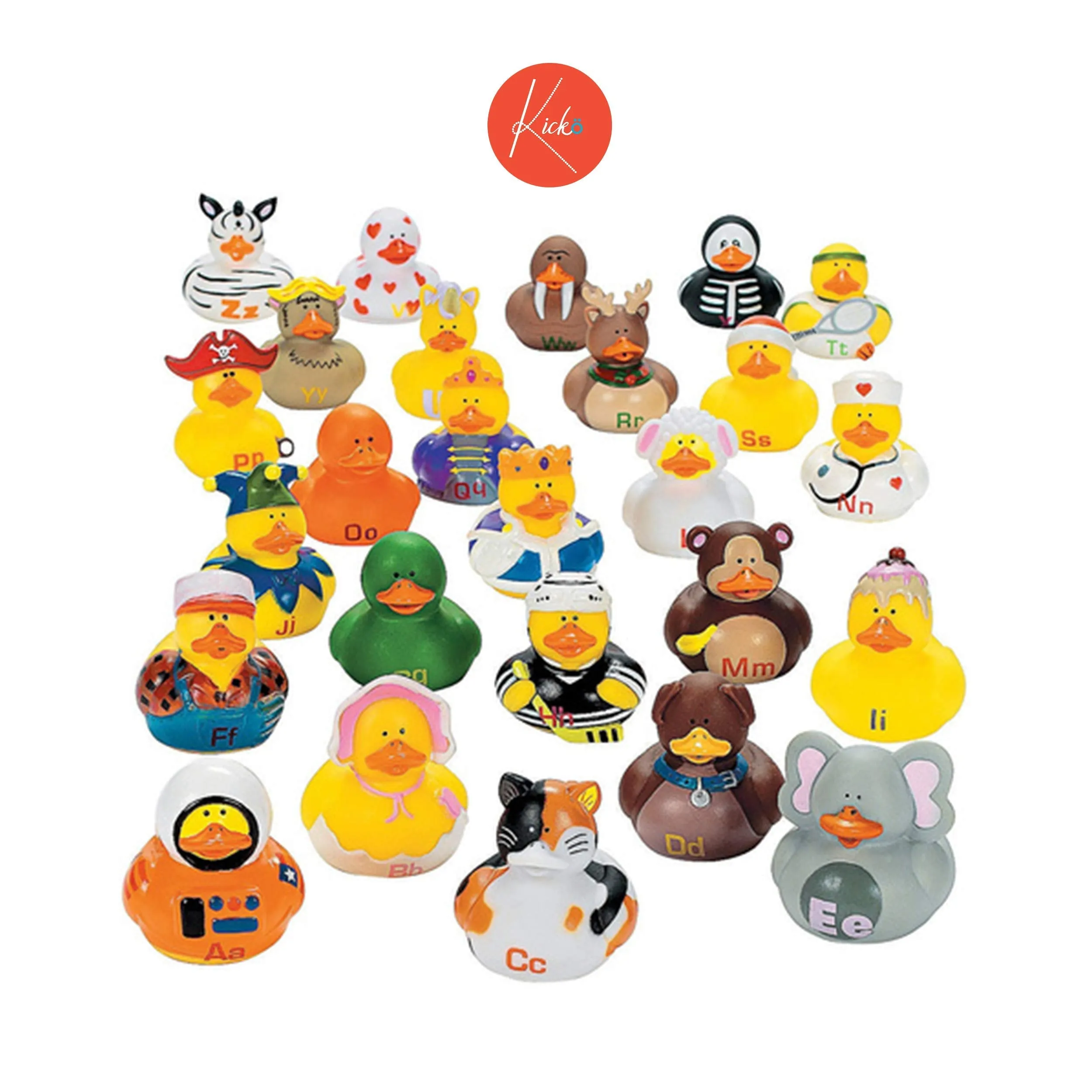 Kicko Alphabet Rubber Duck Toys - 26 Pack - Assorted Duckies for Kids Party Favors,